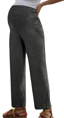 Happy Cherry Pantalones de maternidad para embarazo, pantalones casuales Palazzo con bolsillos, pantalones largos rectos de maternidad S-XXL, gris oscuro, L