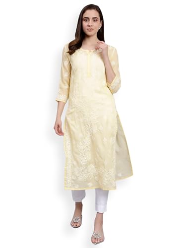 Image of Seva Chikan Hand Embroidered Lucknowi Chikankari Terivoil Cotton Regular Fit Straight Kurta for Women SCL4351
