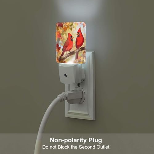 Image of Fall Maple Night Light Set of 2, Red Birds Auto Sensor LED Dusk-to-Dawn Nightlights, Plug-in Sensor Lamp for Bedroom Bathroom Kitchen Hallway Stairs Decorative