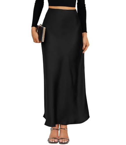 VividMosaic 2026 Satin High Waisted Maxi Skirt Silk A-Line Spring Summer Casual Long Skirts for Women Black