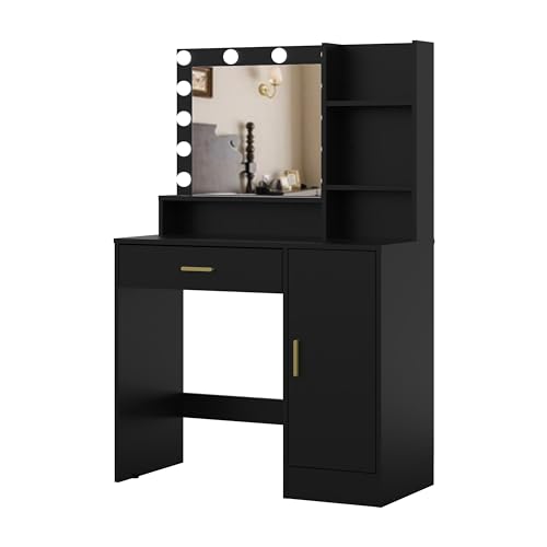 Panana Dressing Table with Adjustabel Led Light Mirror, Vanity Table with Drawer, 2 Shelves, Makeup table with One Cabinet (BK13)
