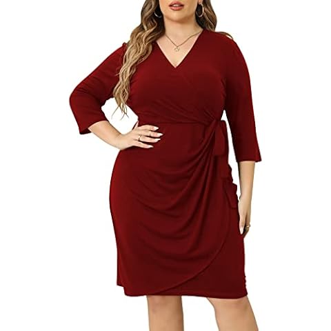 Nemidor Womens Plus Size 3/4 Sleeve Ruched Wrap Dress Casual Pleated Bodycon Midi Work Dress NEM348, Wine, 18 Cover