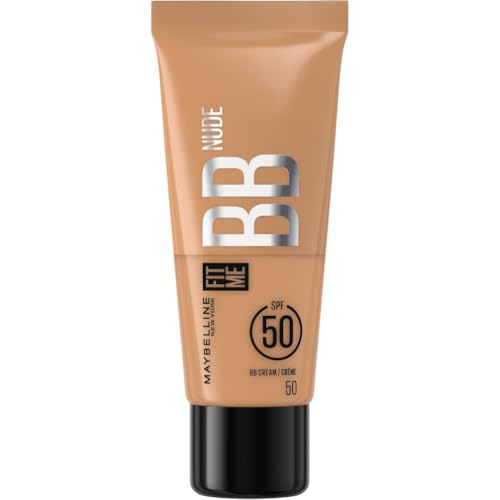 Maybelline New York BB Cream SPF50, Pelle Uniforme, Idratata e Protetta, Arricchita con Pigmenti Che si Uniformano all'Incarnato, Con il 90% di Ingredienti Skincare, Fit Me BB Nude, Tonalità: 50, 30ml