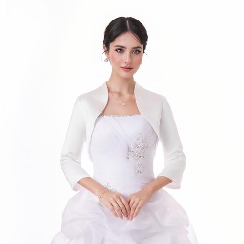 Image of Fitted Wrap Bolero Style Bridal Wedding Satin with 3 /4 Sleeve