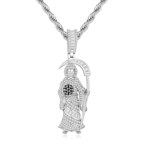 Silver Necklace for Men with Santa Muerte Pendant Grim Reaper Necklace with Black Gemstone Stainless Steel Rope Chain Necklaces Fashion Jewelry Gift
