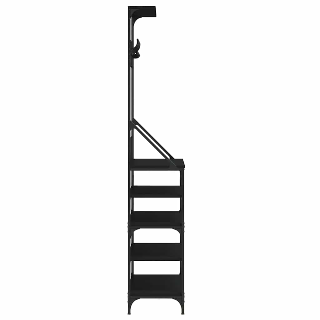 Kleiderständer Garderobe mit Schuhablage Schwarz 90x34x184 cm freistehend aus Holzwerkstoff und Metall platzsparend mit Haken und Rollen für Flur Schlafzimmer Ankleidezimmer