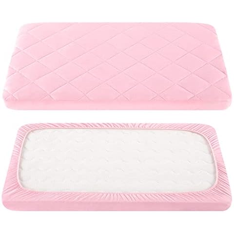 TILLYOU Cloudy Soft Pack and Play Sheet Quilted, Breathable Thick Fitted Play Yard Playpen Sheets, 39’’×27’’×5’’ Fit Mini/Portable Crib Mattress Pad Pack N Play Mattress Pad, Jade Pink Cover