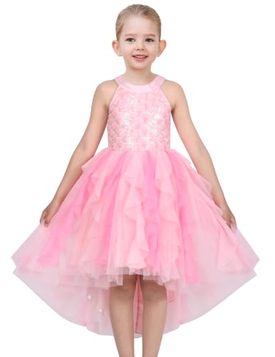 Image of Girls Halter Dress Peach Pleated Ruffle Princess Sequin Elegant Tulle Age 8 Years