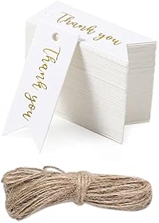 SAVITA 100pcs Mini Thank You Gift Tags with String, Exquisite Paper Gift Tags with Holes Hang Tags with String Attached for Craftwork Wedding Birthday Thanksgiving Anniversary (2''*0.75'')