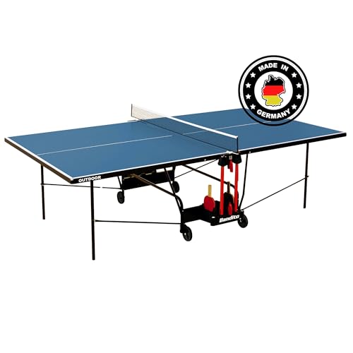 Bandito Profi Tischtennisplatte - Made in Germany, TÜV geprüft, Outdoor & Indoor, Ping Pong Tisch, Turniermaß, klappbar, leicht verstaubar, wasserabweisend, mit Rollen & Netz, 4 mm Melaminharzplatte