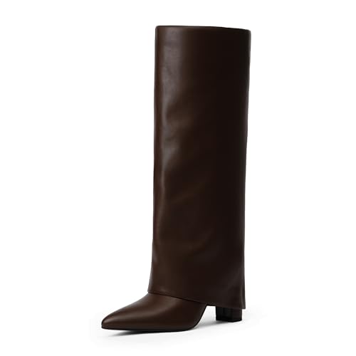 Modatope Brown Fold Over Boots Brown for Women Knee High Boots Women Pointed Chunky Heeled Tall Boots Long Boots Size 7.5