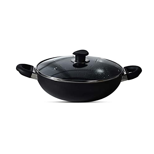 Bergner Essential Plus 5 Layer Marble Non Stick Kadai/Kadhai with Glass Lid, 26 cm, 4.5 litres, Induction Base, Food Safe (PFOA Free), Thickness 2.8mm, Black