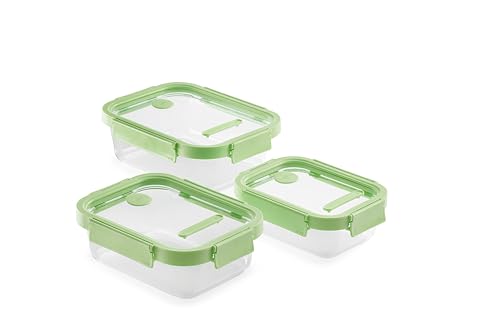 Lékué Set 3 recipientes herméticos de vidrio para conservar alimentos, 640ml, 1050ml y 1520ml de capacidad rectangulares