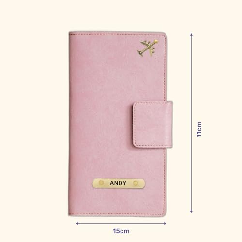 Image of Customized Travel Wallet with Name Engrave | Personalised Passport Holder for Women | Customised Passport Cover for Men and Women | Travel Organizer Gift Wallet (Pink)