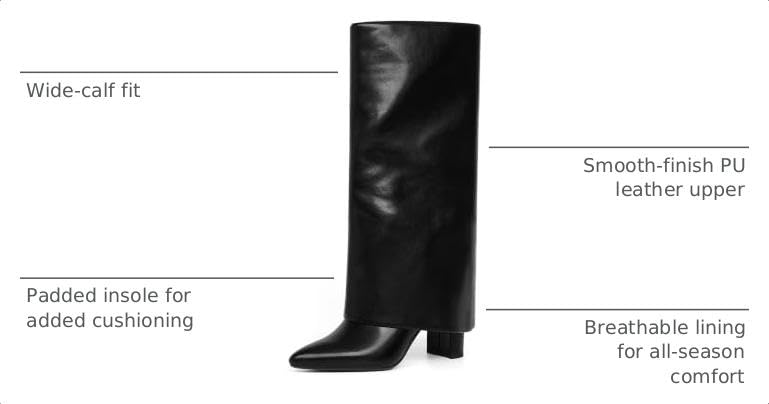 Image of Knee High Boots Women Fold Over Boots Chunky Heel Pointed Toe Tall Boots