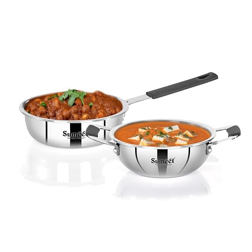 Image of Sumeet Cook Smart ISI Certified Tri-Ply (Steel - Aluminium - Steel) Set of 2 Pcs Mini Kadai 370ml - FryingTadka Pan 400ml with Silicon Grip | Induction and Gas Friendly | 2.5mm Thick, Silver