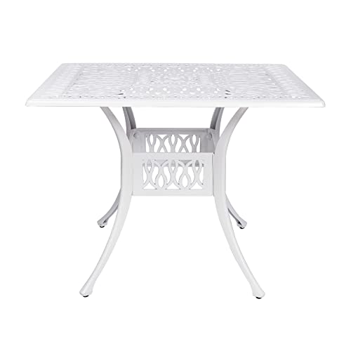 VIVIJASON 35.4" Outdoor Patio Dining Square Table White Cast Aluminum Rustic Large Patio Table with Umbrella Hole