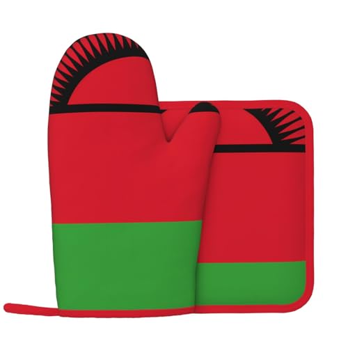 Ensemble de gants de cuisine et maniques avec motif drapeau du Malawi. Gants de cuisine et maniques imprimés, antidérapants, résistants à la chaleur
