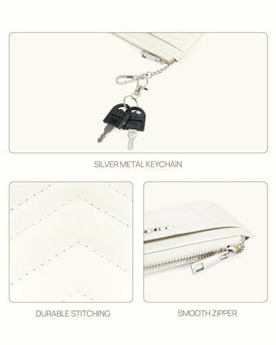 Image of Telena Slim Wallet Women RFID Blocking Credit Card Holder Leather Coin Purse with Silver Keychain Beige