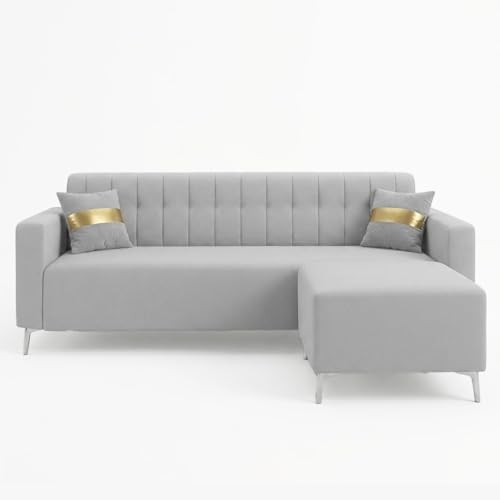 Image of FURNY Regan 4 Seater L Shape Sofa Set with Movable Ottoman | Flexible Left or Right Layout | Plush Velvet Fabric (Light Grey) | Perfect for Living Room, Guest Room & Office