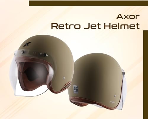 Image of Axor Retro Jet Leather ISI and DOT Certified Matte Finish Open Face Helmet for Men and Women with Clear Visor- Dull Desert Storm -M