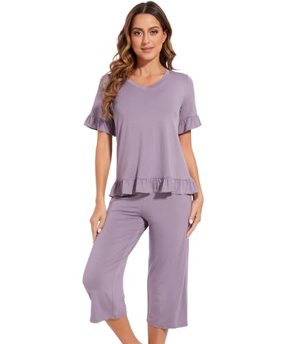 Pyjama en viscose de bambou doux contre la chaleur ensemble violet capris femme XXL