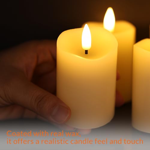 Image of Ivory Flameless Votive Candles with Remote Batteries Set of 6 | 2x3 inch Small Flickering LED Pillar Candles, Battery Powered, Real Wax Coating, Home Table Shelf Decor