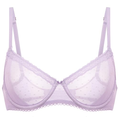 Image of DOBREVA Women's Sheer Mesh Demi Bra Underwire Balconette | Dotted Mesh, Lace Trim, See Through, Plus Size, Smooth, Soft