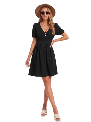Image of Rooscier Women's Puff Short Sleeve V Neck Button Ruffle A Line Beach Mini Dress