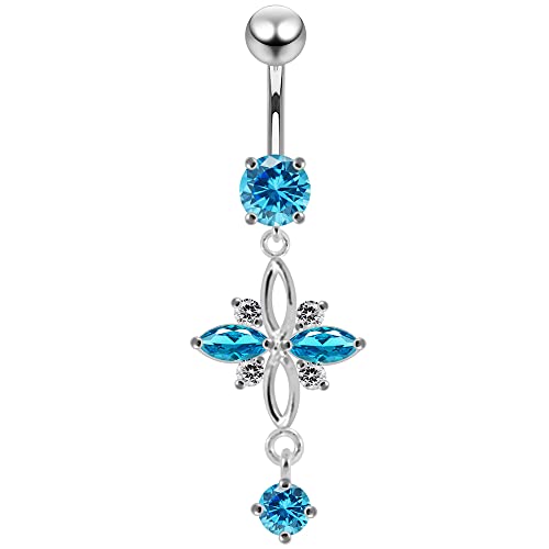 Light Blue Gemstone Fancy Cross Design Dangling 925 Sterling Silver With Stainless Steel Belly Button Navel Rings #TOP19