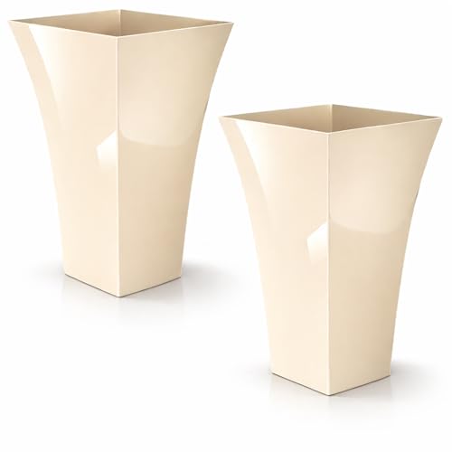 CrazyGadget® Large Milano Tall Planter Square Plastic Garden Flower Plant Pot Gloss Finish - for Indoor and Ourdoor (Cream (Ivory), 2)