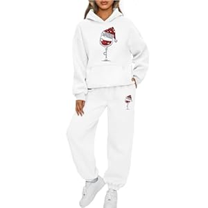 Mfhmom Weihnachts Jogginganzug Damen Oversized Glänzende Rotweinglas Drucken Trainingsanzug Xmas 2-Teiliges Baumwolle Kapuzenpullover Baggy Jogginghose Sportanzug Set Stilvoller Hoodie Tracksuit Set