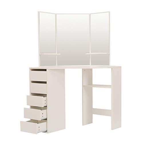 Zoyo Corner Dressing Table With 5 Drawers Large Storage Makeup Table 3 Mirrors With Shelves For