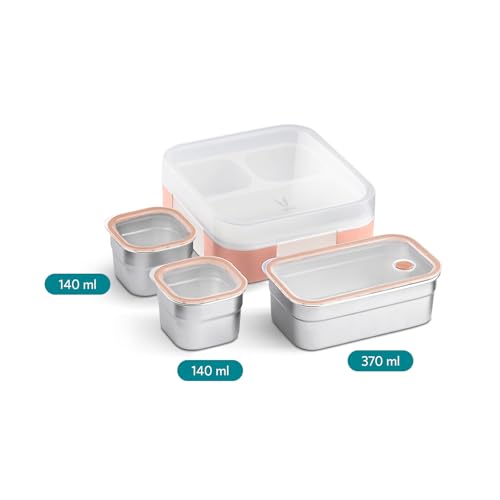 Image of VAYA Tydbyt Bento Lunch Box for Kids, Tiffin Box for Women for Office Use, Stainless Steel with 3 Containers, Slim Compact & Travel Friendly Design, Easy to Carry, Coral Crush