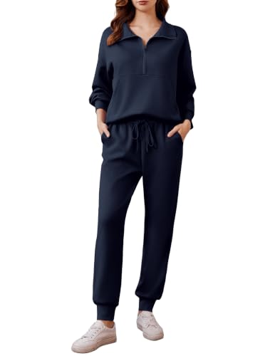 Image of PINSPARK 2 Piece Sets for Women Long Sleeve Half Zip Tracksuit Jogger Sets | Luxury & Coziness Fabric, Kangaroo Pocket Sweatshirt, Drawstring Joggers Pants,2026 Fall Travel Outfits Lounge Set