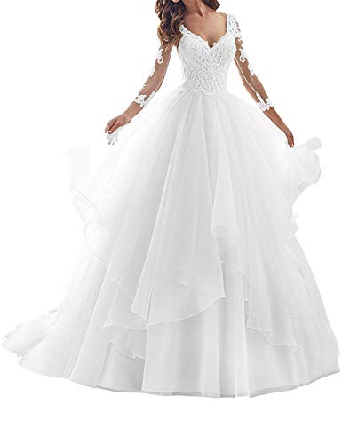 HUINI Robe Boule Mariée Femme Manches Longues Robe de Mariage Princesse Dentelle Fleurs Col V Blanc 32 Cover