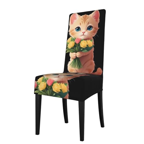 WHJSSF Gattino che tiene un bouquet stampato copertura protettiva per sedia da pranzo – morbido, confortevole, resistente alle pieghe, elastico, si adatta alla maggior parte delle sedie senza
