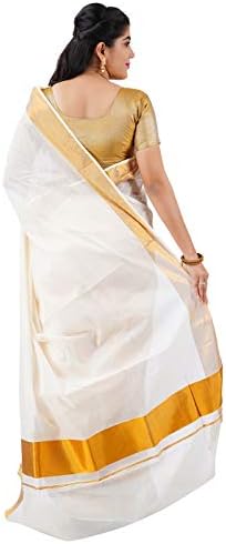 Women's Kasavu Cotton Saree With Blouse Piece (RST8_Beige, White)