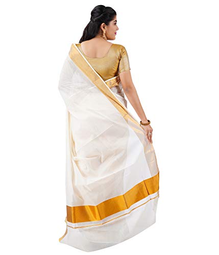 Women's Kasavu Cotton Saree With Blouse Piece (RST8_Beige, White)