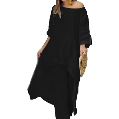 Women's Solid Color Linen Fashionable Casual Suit, Cotton Linen Long Sleeve Shirts and Wide Leg Trousers Loose (Black,4XL)