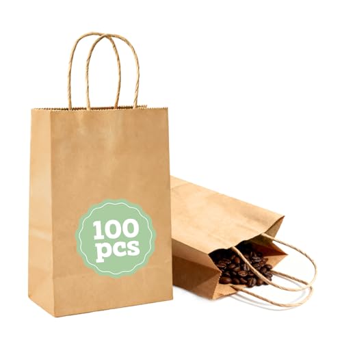 Crisgus 100 Stück Klein Papiertüten mit Henkel, 15 x 8 x 21 cm, Braun Kraft Papiertaschen Geschenktüten, DIY Adventskalender, Hochzeiten, Verpackungen, Partys, Weihnachten(braun, 100pcs 15x8x21cm)
