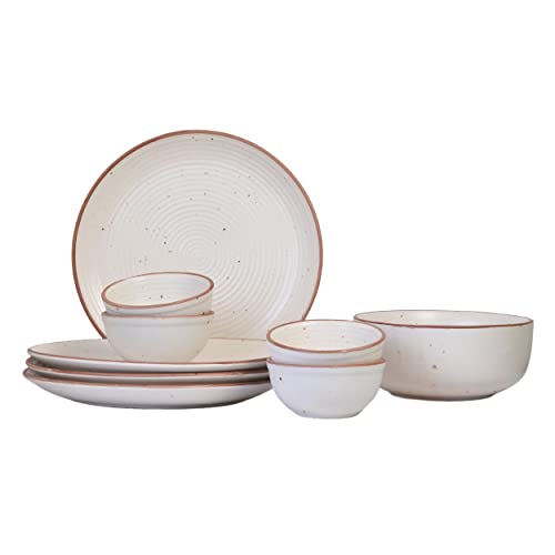 Image of Ribbed Ceramic Plates for Dinner with Katoris (9 Pieces, 4 Bowl & 4 Plates and 1 Large Serving Bowl Dishwasher & Microwave Safe) -Dinner Sets Ceramic Bowls Set Dinnerware Sets White