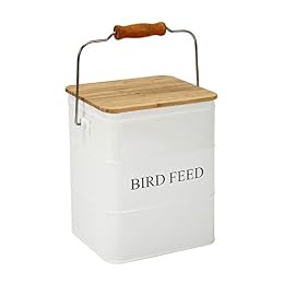 Brabtod Bird Seeds storage container,Bird Seed Container,Metal food tin for Birds, pet snacks Canisters with wooden lid/handle/sevice scoop,hold 5-6 lbs