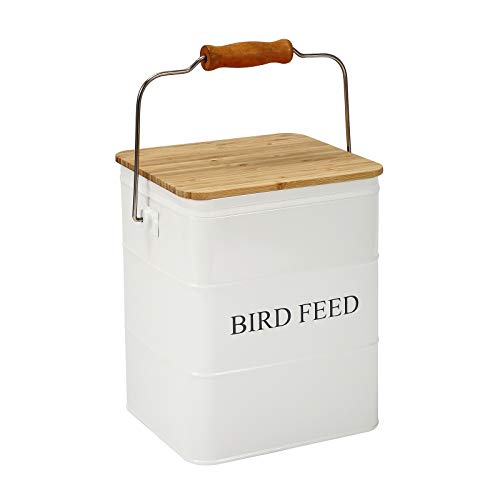 Brabtod Bird Seeds storage container,Bird Seed Container,Metal food tin for Birds, pet snacks Canisters with wooden lid/handle/sevice scoop,hold 5-6 lbs
