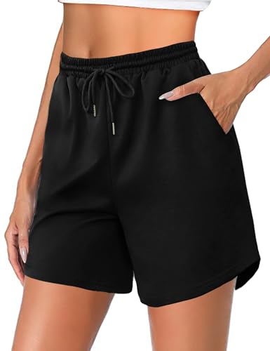 Jahetuul Women's Running Shorts High Waist Gym Athletic Sweat Shorts Ladies with Pockets for Jogging Hiking Sports Sommer Activewear Black