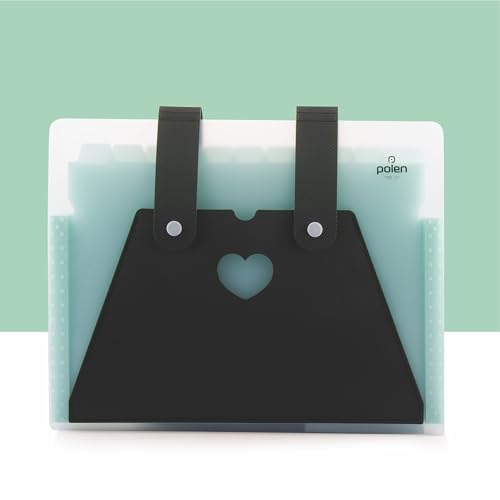 Image of Polen 13-Pocket Expanding File Folder with Handle Straps, Transparent Accordion Document Organizer with Heart-Cut Front Pocket for Certificates, Bills, Receipts & Office Documents.(Green)
