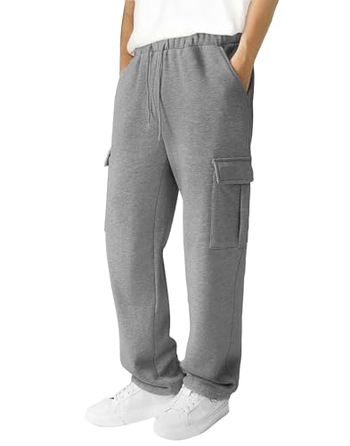 3rd hill Men's Fleece Cargo Sweatpants Loose Fit Cotton Joggers with 5 Pockets Open Bottom for Gym Hiking Casual Wear Dark Grey S