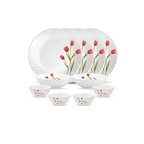 La Opala Novo Collection Opal Glass Crockery | for Family of 4 | Dinner Set 10 pcs Radiant Curves | Plates & Bowls for Dining | Microwave Safe | 100% Vegetarian | Extra Strong | Light & White