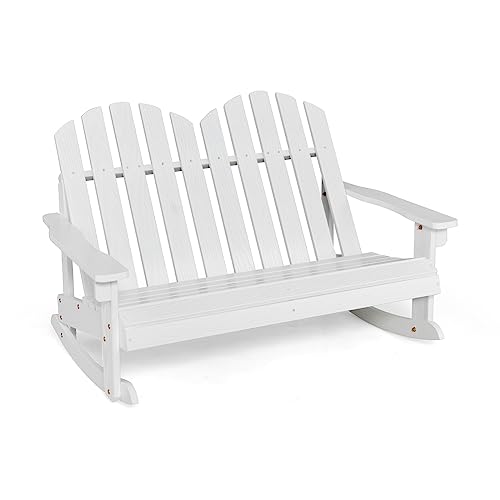 COSTWAY Sedia a Dondolo Adirondack per Bambini, in Legno di Abete, Panchina da Esterno 2 Posti con Dondolio Sicuro, Schienale Alto e Braccioli, Portata 100 kg, Dondolo da Giardino e Balcone (Bianco)