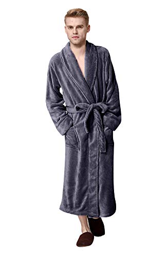 Men's Winter Flannel Lounger Warm Bathrobe Long Plush Fleece Robe (Large/X-Large), Grey(1005-2)